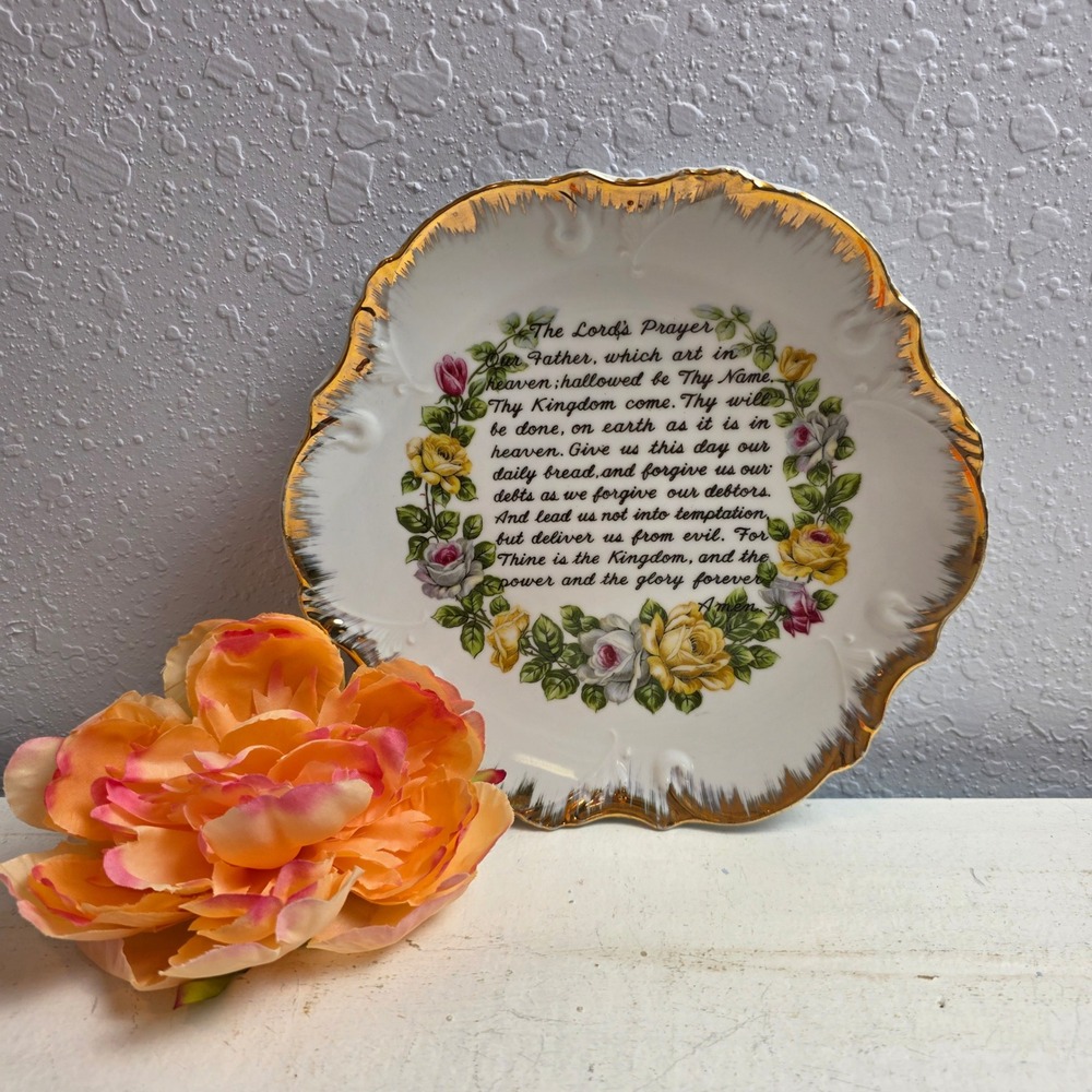 Vintage G&G Minneapolis 'The Lords Prayer' Porcelain Plate Gold Trim Roses Japan